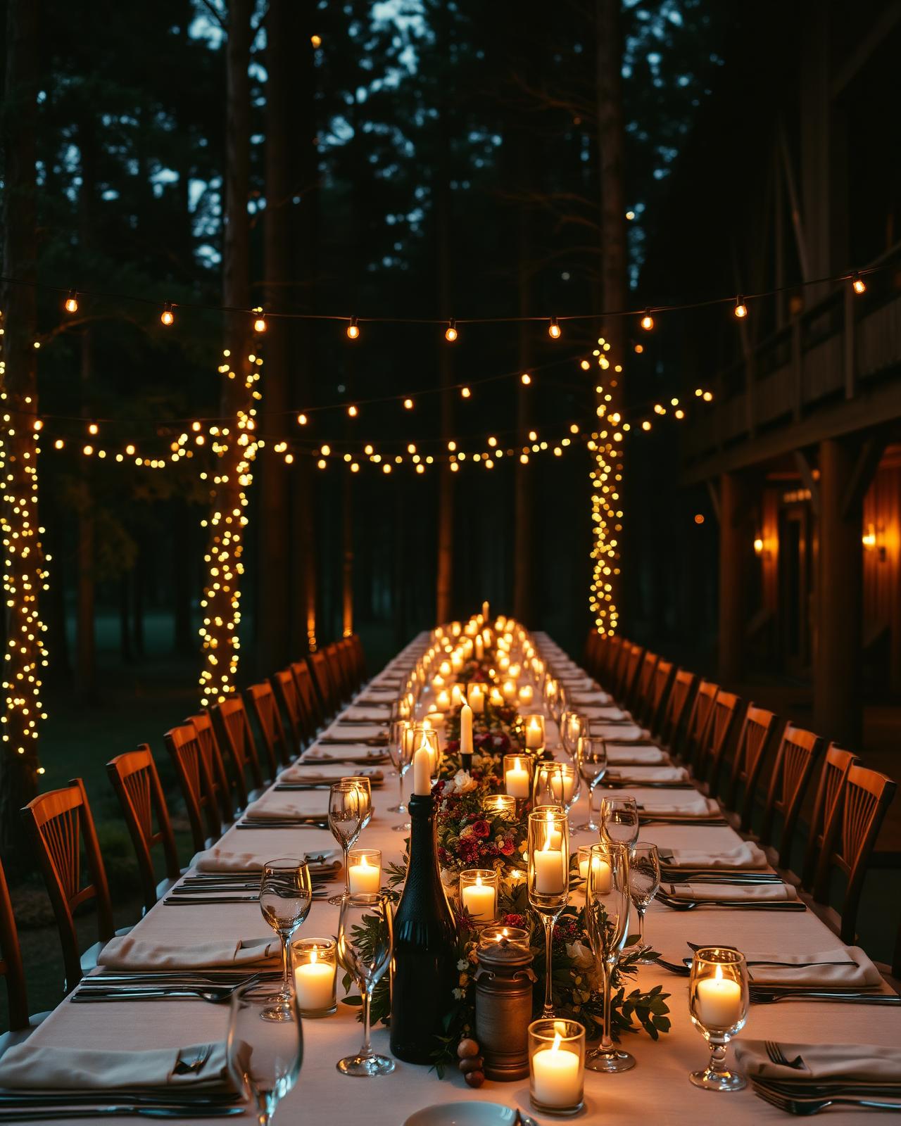 Long candlelit table set in the forest at dusk