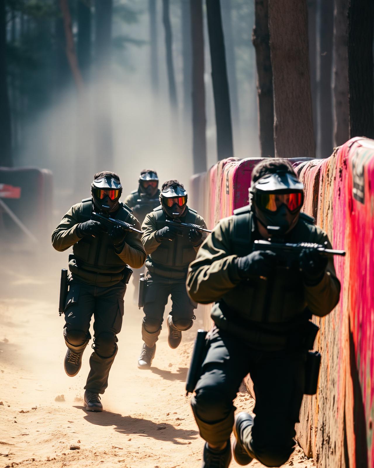 Paintball players in forest combat